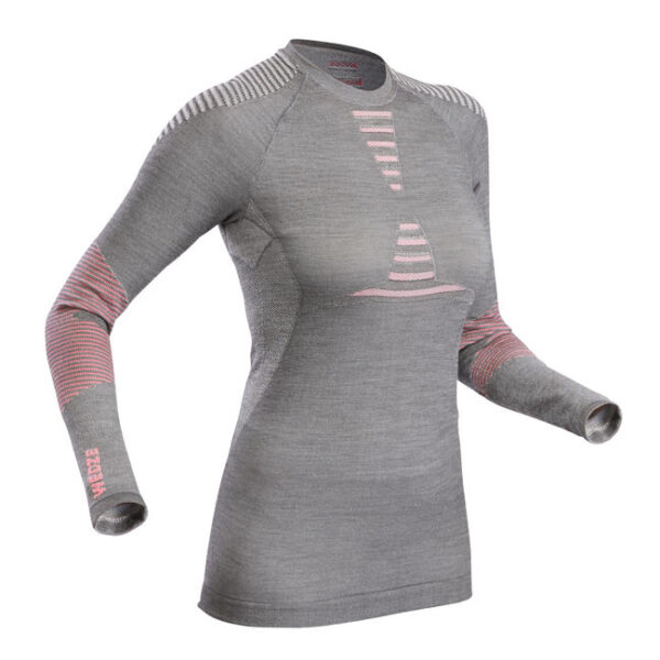 Women's Ski Base Layer Wool Top - Grey/Pink
